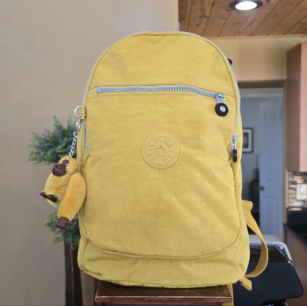 Kipling Mustard Yellow Nylon Backpack with Monkey Charm - Picture 14 of 15